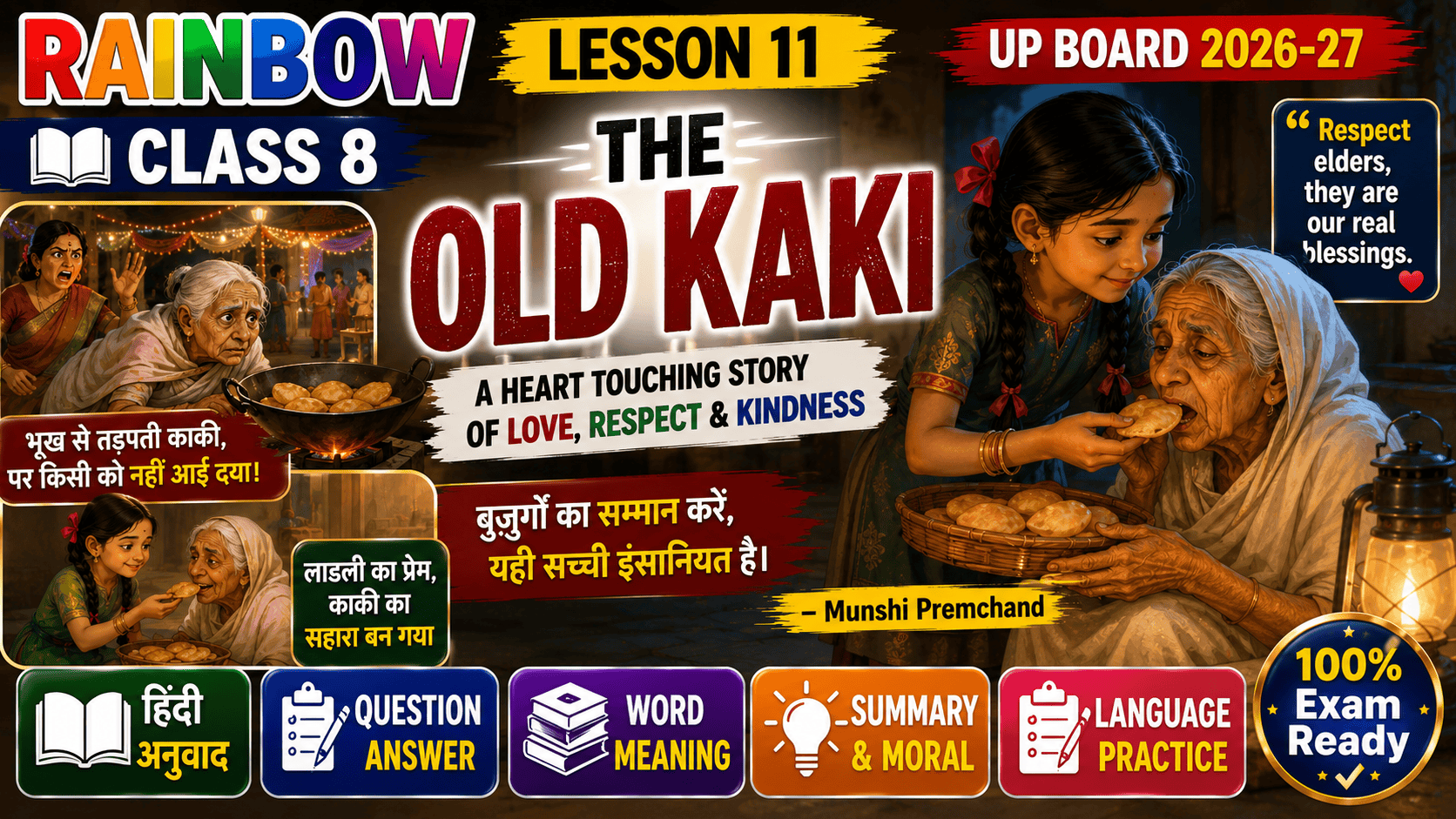 Rainbow Class 8 Lesson 11 The Old Kaki Hindi Translation Question Answer Word Meaning UP Board 2026-27