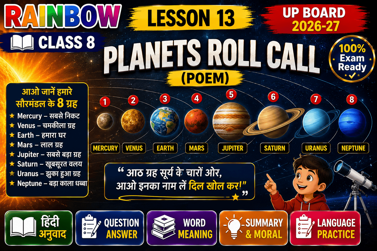 Rainbow Class 8 Lesson 13 Planets Roll Call Hindi Translation Question Answer Word Meaning UP Board 2026-27