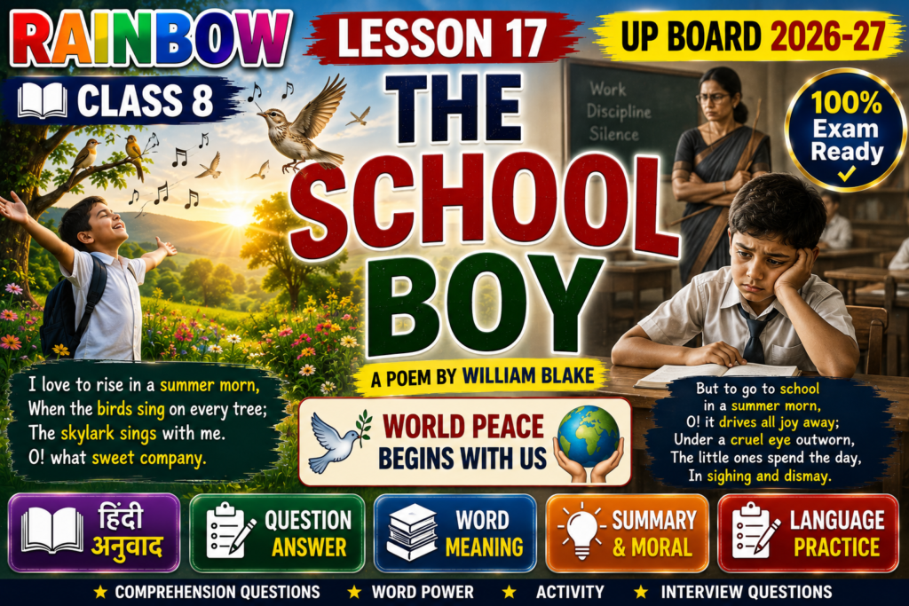 Rainbow Class 8 Lesson 17 The School Boy Hindi Translation Question Answer Word Meaning UP Board 2026-27