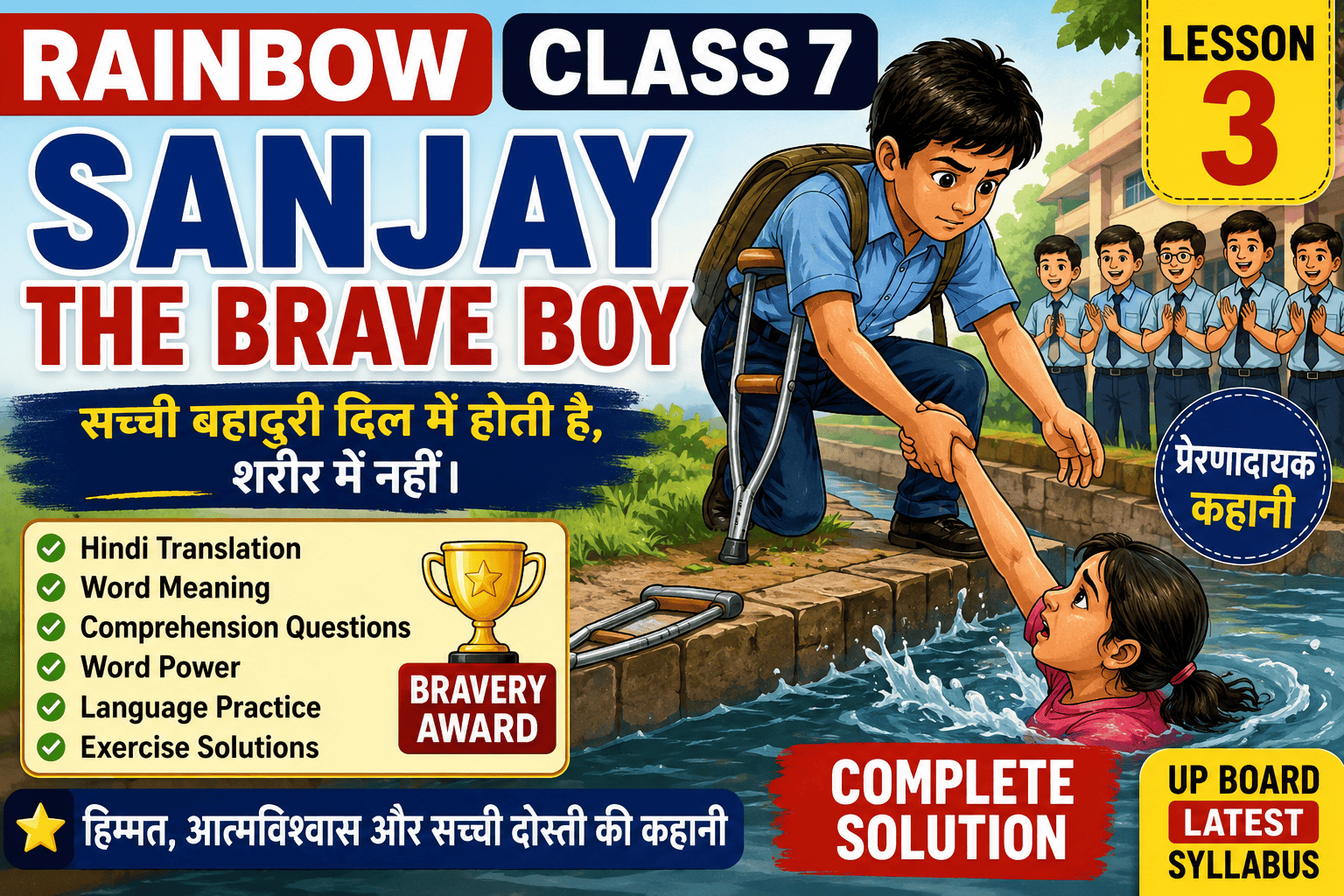 Rainbow Class 7 Lesson 3 Sanjay the Brave Boy Hindi Translation Word Meaning Question Answer Exercise Solution