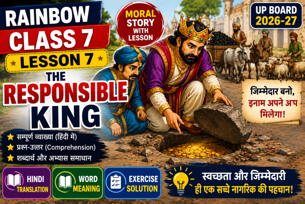 Rainbow Class 7 Lesson 7 The Responsible King Hindi Translation Word Meaning Question Answer Exercise Solution