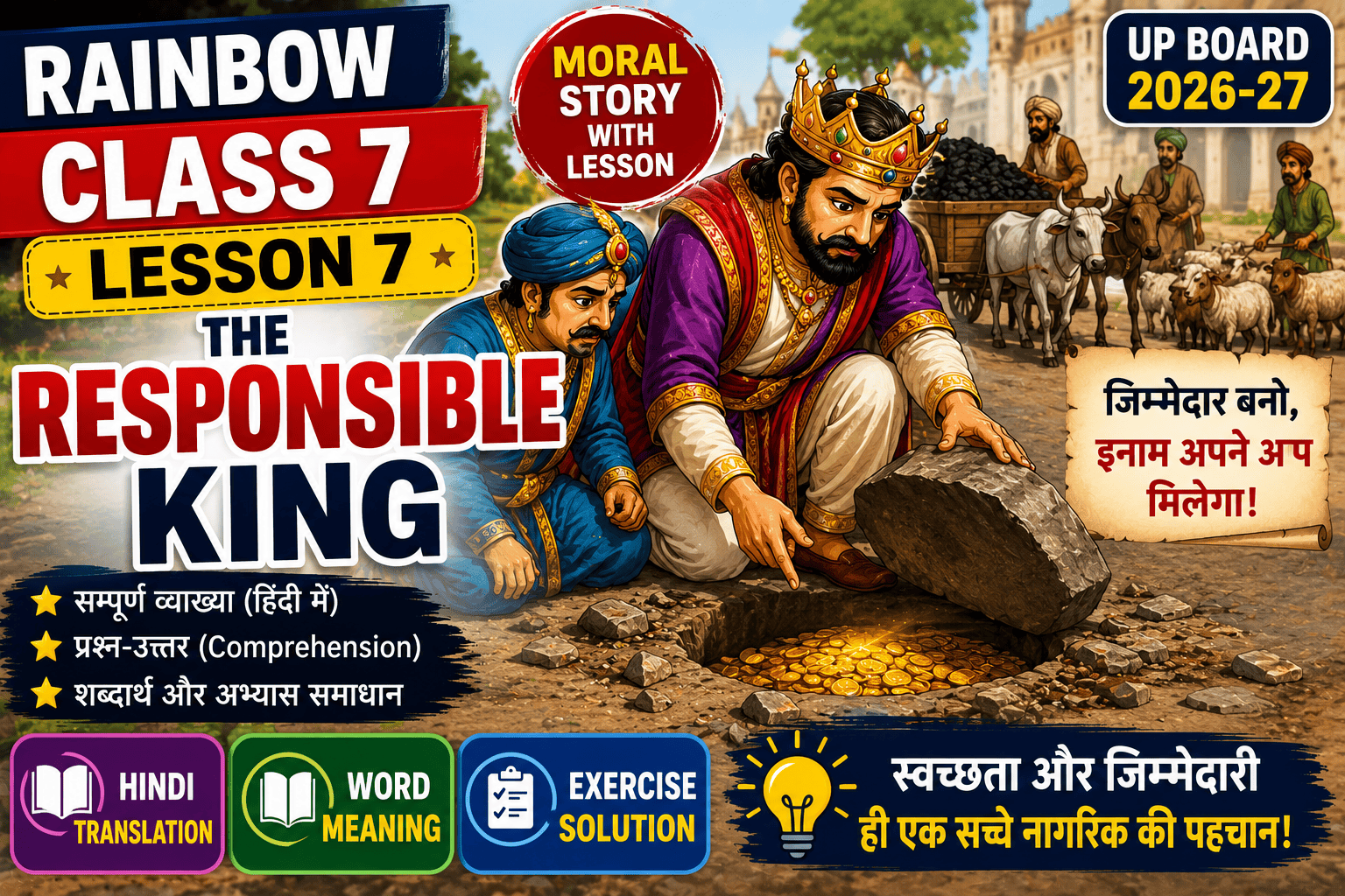 Rainbow Class 7 Lesson 7 The Responsible King Hindi Translation Word Meaning Question Answer Exercise Solution