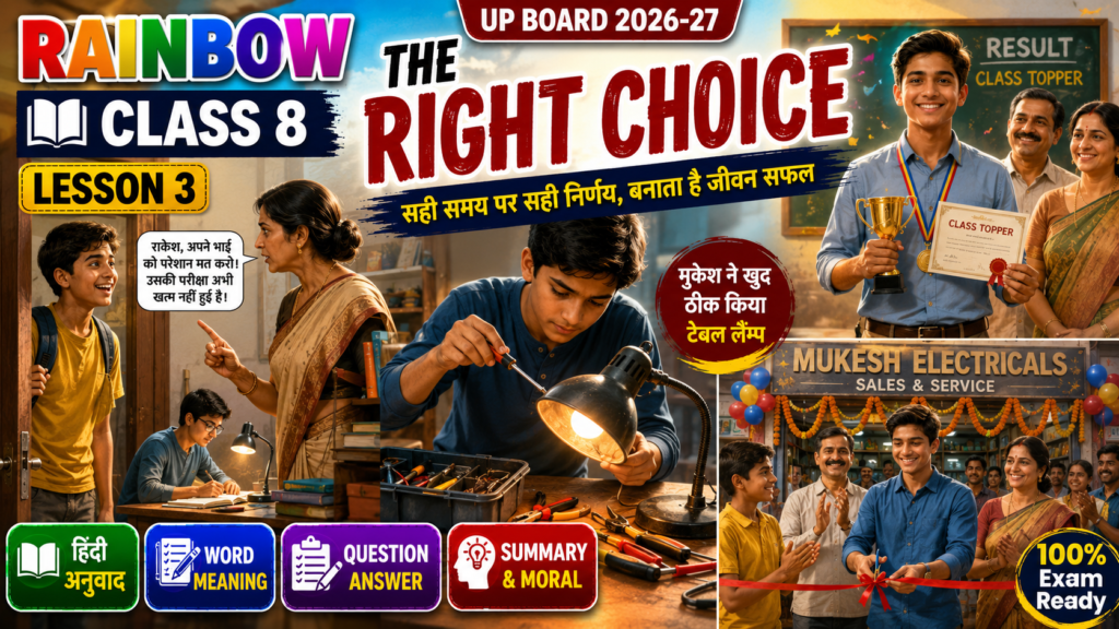 Rainbow Class 8 Lesson 3 The Right Choice Hindi Translation Question Answer Word Meaning UP Board 2026-27