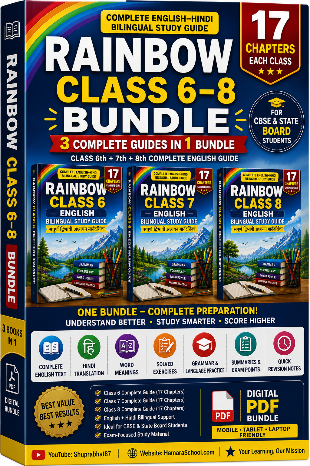 Rainbow Class 6–8 English Complete Bilingual Study Guide Bundle | Hindi + English