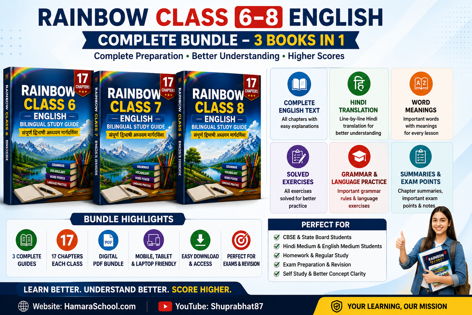 Rainbow Class 6–8 English Complete Bilingual Study Guide Bundle | Hindi + English - Image 2